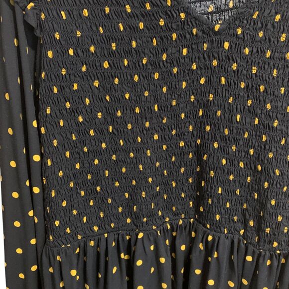 Beach Lunch Lounge Womens Black Gold Polka Dot Smocked Bust Flare Dress M Boho - Picture 2 of 7